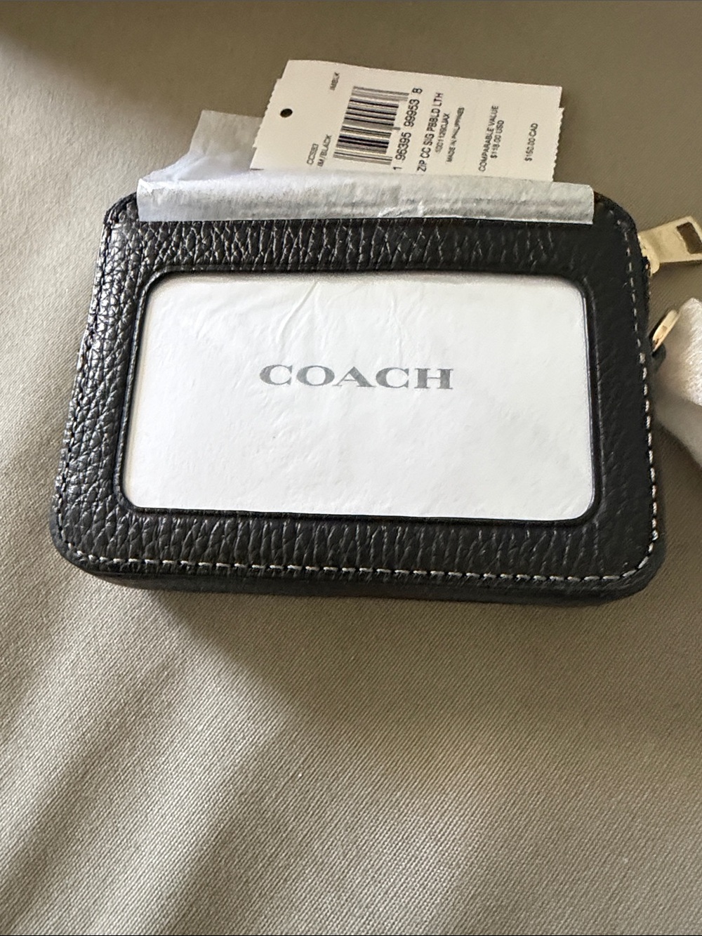 Coach Black Pebbled Leather Zip Card Case with Gold Logo - Picture 4 of 7